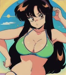 anime girl in a bikini posing for a picture in a beach