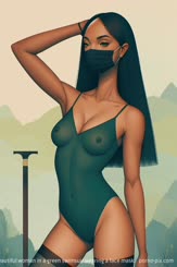 a beautiful woman in a green swimsuit wearing a face mask . 