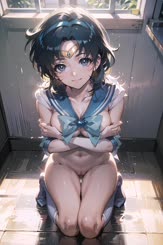 Sailor Mercury is sitting on the floor with her arms crossed her skirt lifted up and she has a big smile on her face