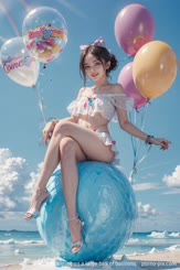 a woman sitting on a large ball of balloons . 