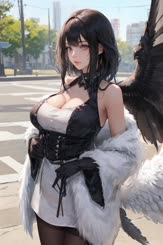 a person with a bird costume standing on a street