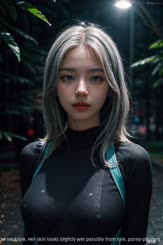 is of a girl with silver hair wearing a black top with a low neckline. Her skin looks slightly wet possibly from rain.