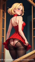 is a illustration of a blonde girl wearing a red dress and black stockings looking back over her shoulder with a confident smile.