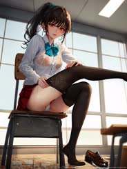 There is an anime girl sitting on a chair with her leg raised wearing a skirt and stockings.
