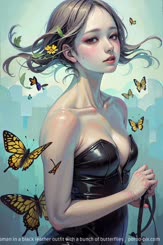 a painting of a woman in a black leather outfit with a bunch of butterflies . 