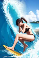 a woman riding a surfboard on a wave in the ocean . 