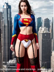 a woman wearing a superman costume and stockings . 