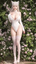 a woman in white lingerie and stockings next to flowers