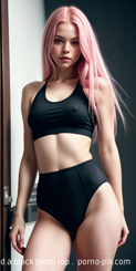 a woman with pink hair and a black bikini top . 