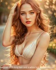 A woman with long hair and a white bra.