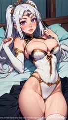 a anime character a white haired woman with a large chest and purple eyes lying on her back on a bed with a blank expression on her face.