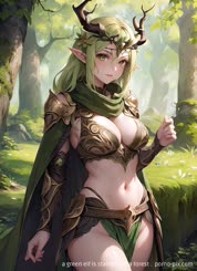 a green elf is standing in a forest . 