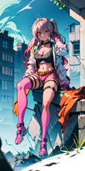 Aesthetic anime girl sitting on a building wall