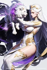 a woman with white hair holding a white horse . 