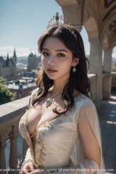 A Chinese actress and model with long dark hair and wearing a gold crown a gold dress and a low cut gown stands on a balcony with her hands on her hips looking off into the distance.