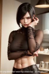 a beautiful woman with long black hair wearing a black top . 