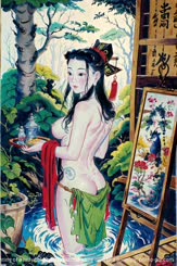 A painting of a lady holding a brush standing next to a painting.
