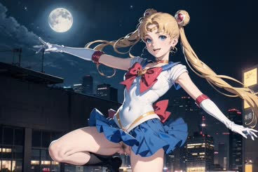 a woman with blonde hair and blue eyes standing in front of a moon