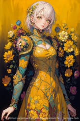 a woman in a yellow dress with flowers around her . 