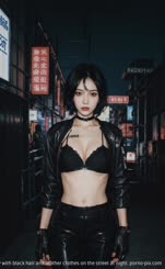 A beautiful lady with black hair and leather clothes on the street at night.