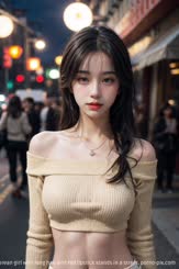 A very pretty Korean girl with long hair and red lipstick stands in a street.