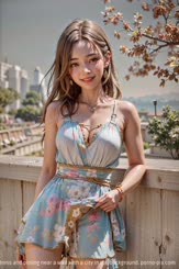 A beautiful young woman with a smile on her face wearing a blue floral dress and posing near a wall with a city in the background.