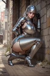 a girl is posing in a suit of armor