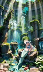a woman dressed as a mermaid in a fairy tale setting . 