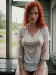a woman with red hair wearing a white shirt 
