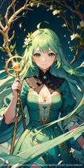 a green haired anime girl wearing a blue dress and holding a staff.