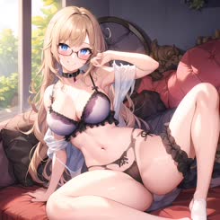 a cute anime girl with blonde hair and glasses lying on a bed in a black and purple lingerie.