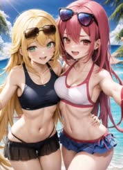 Two anime characters in swimsuits one red haired and one blonde pose together on a beach.