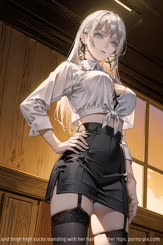 a gray haired anime girl in a short skirt and thigh high socks standing with her hands on her hips.