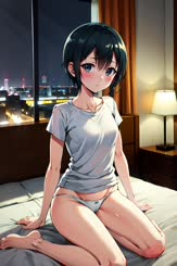 a girl is sitting on a bed with a city view in the background