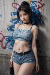 a girl is posing in a short denim outfit