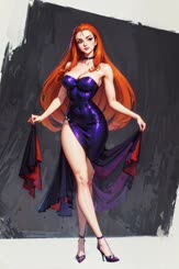 a beautiful red haired woman wearing a purple dress