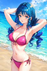 a beautiful blue haired girl in a pink bikini