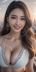 a beautiful Asian woman with very large breasts wearing a white bra and diamond jewelry including a necklace and earring