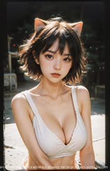 A young asian girl with cat ears on her head and a white bra showing her large breasts