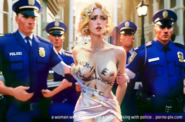 a woman with a corset and a belt is posing with police . 
