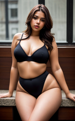 a beautiful plus size model wearing a black bikini sitting on a windowsill.
