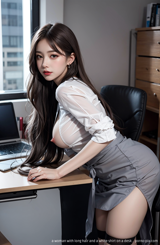 a woman with long hair and a white shirt on a desk . 