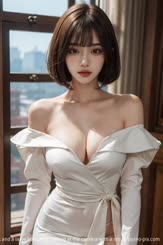 A short haired cute girl with a round face and a pair of long legs wearing a white dress with a deep V neck and a large bottom is looking at the camera with a smile.