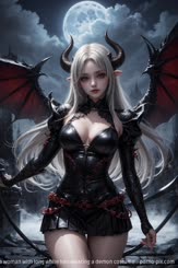 a woman with long white hair wearing a demon costume . 