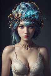 a woman with blue hair and a crown