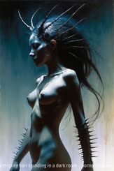 a naked woman with spiky hair standing in a dark room . 