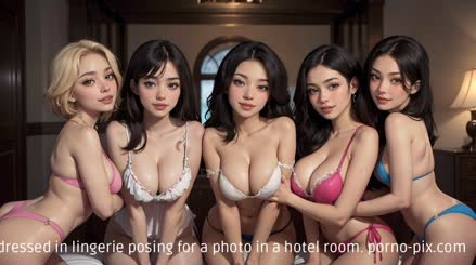 There are five Asian women dressed in lingerie posing for a photo in a hotel room.
