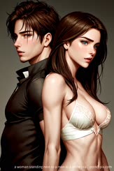 a woman standing next to a man in a white bra . 