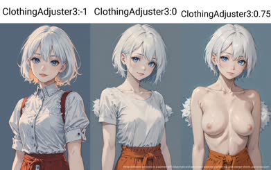 three different versions of a woman with blue eyes and white hair wearing a white top and orange shorts.
