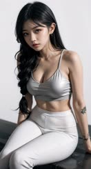 Sultry Asian beauty in a silver bra and pants